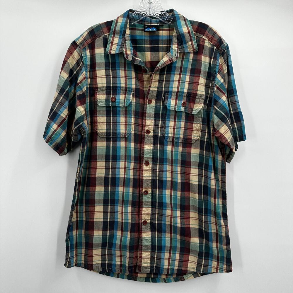 KAVU Shirt Mens Medium Plaid Short Sleeve‎ Button Up Pocket Outdoor Worldwide